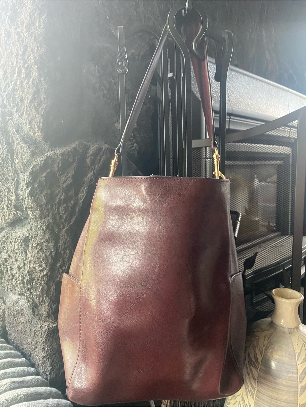 Genuine Leather Burgundy Convertible Hobo Bucket Bag - Picture 2 of 11